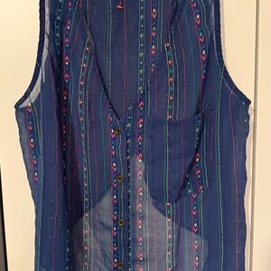 Forever 21 Navy Sheer Button-Front Striped Tank